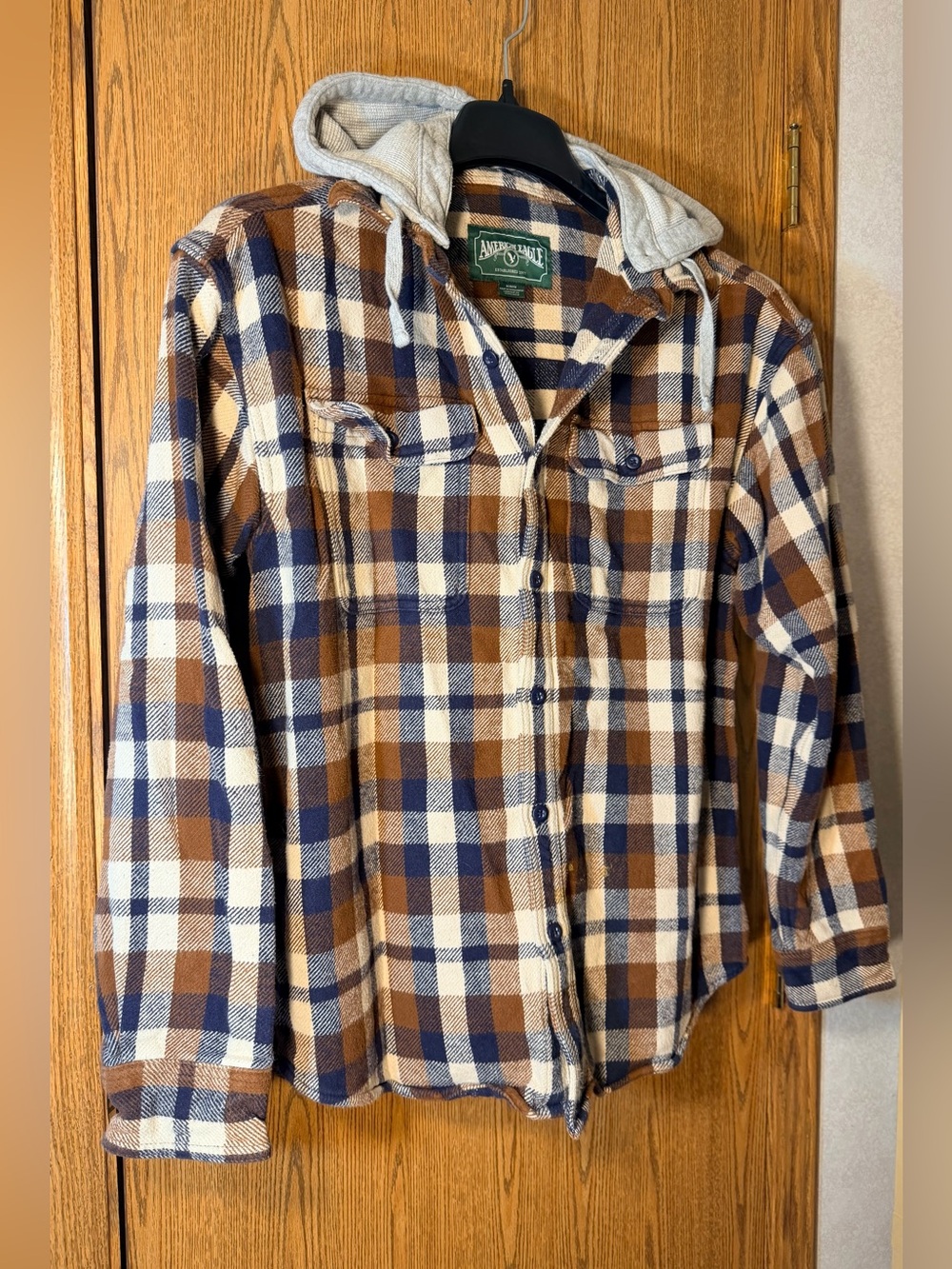 American Eagle Outfitters Brown, Blue & White Plaid Hooded Button-Down Flannel - Picture 3 of 6